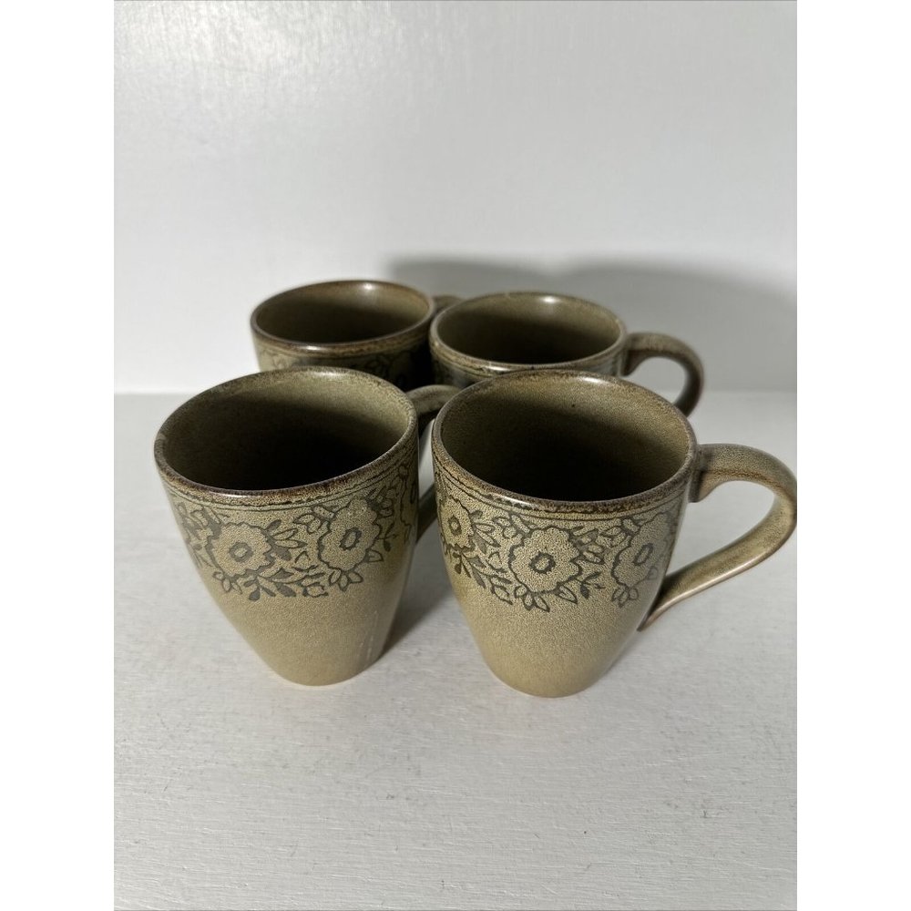 Pier 1 Imports Batik Brown Olive Green Speckled Stoneware Mugs Lot of 4